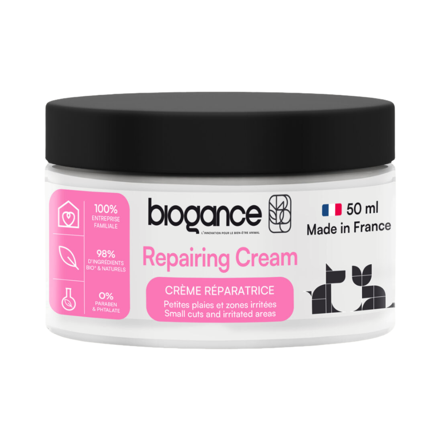Pot blanc à couvercle noir, étiquette rose Repairing Cream