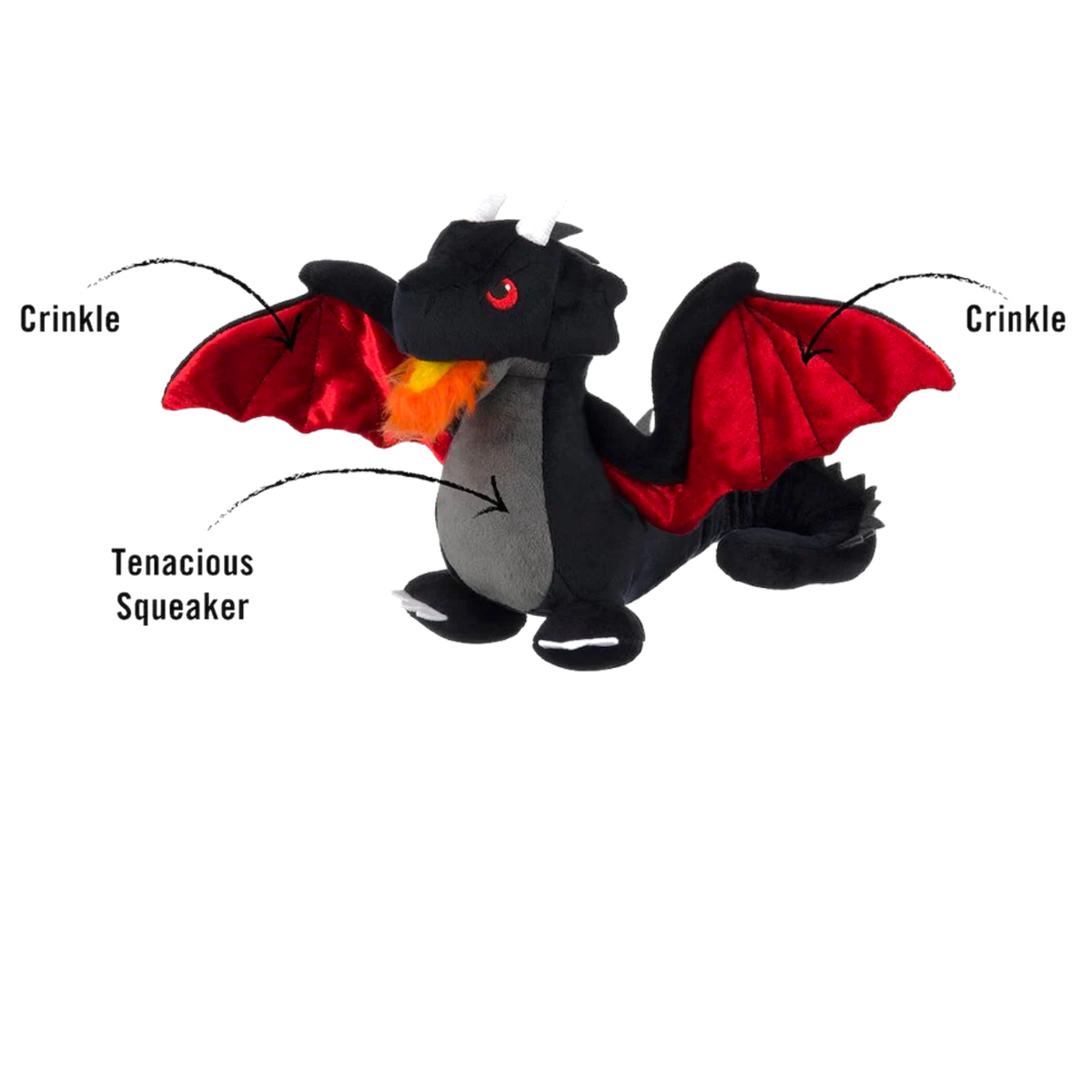 Dragon avec ses zones Crinkle et son couineur résistant indiquées