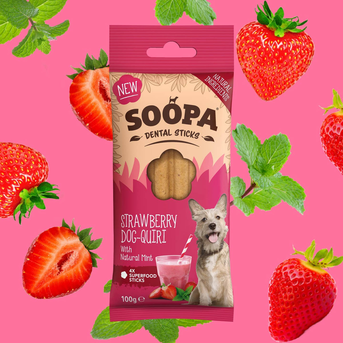 Paquet Soopa fraise entouré de fraises et de feuilles de menthe