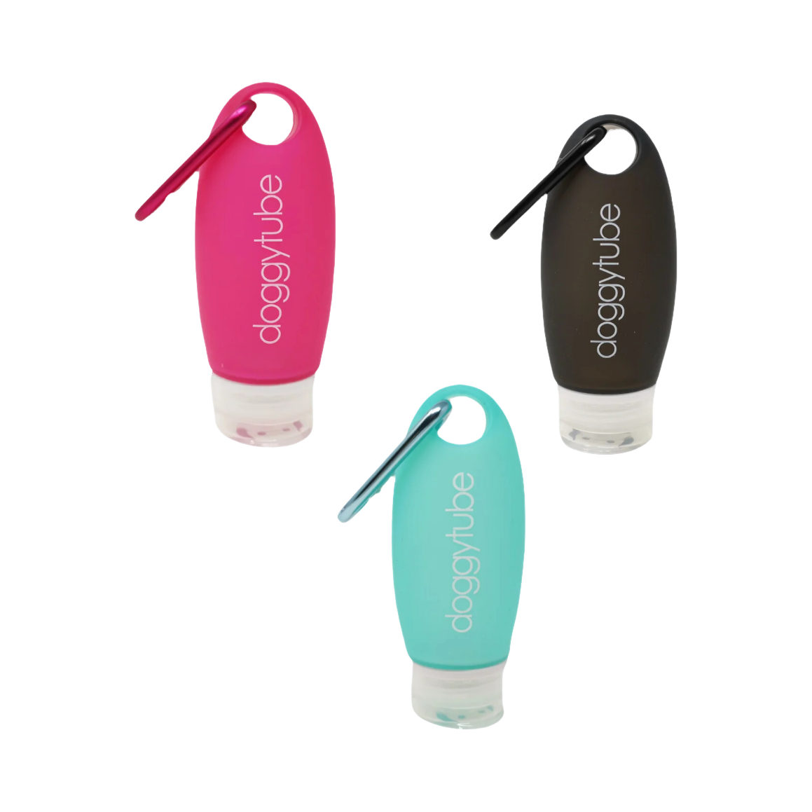 Trois tubes rose, noir et turquoise avec leurs clips