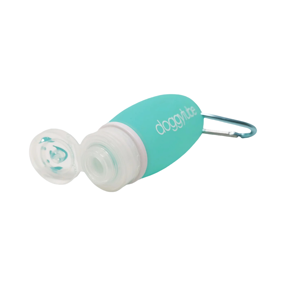Tube turquoise couché, embout ouvert, mousqueton accroché