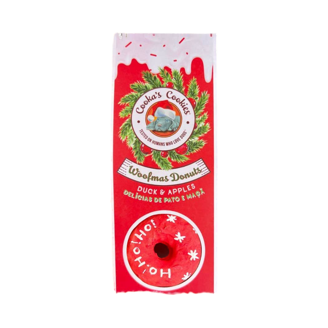 Boîte Cooka's Cookies Woofmas Donuts rouge et blanche