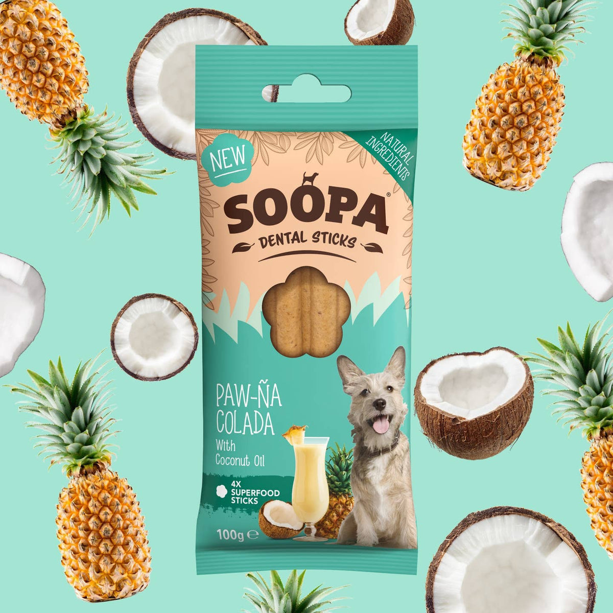 Paquet Soopa Paw-Na Colada entouré d'ananas et de noix de coco