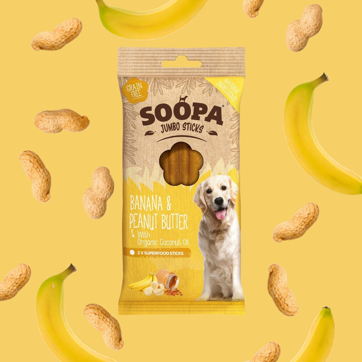 Paquet Soopa Jumbo entouré de bananes et de cacahuètes