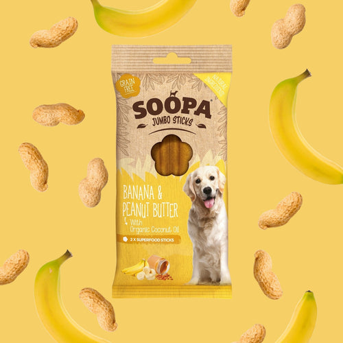 Paquet Soopa Jumbo entouré de bananes et de cacahuètes
