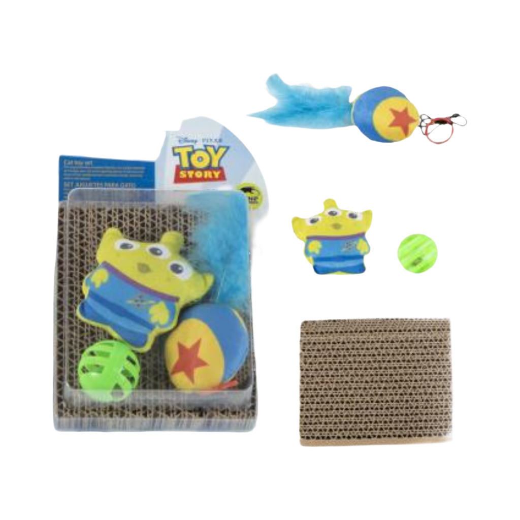 Blister avec griffoir, peluche Alien, jouet à plumes et balle