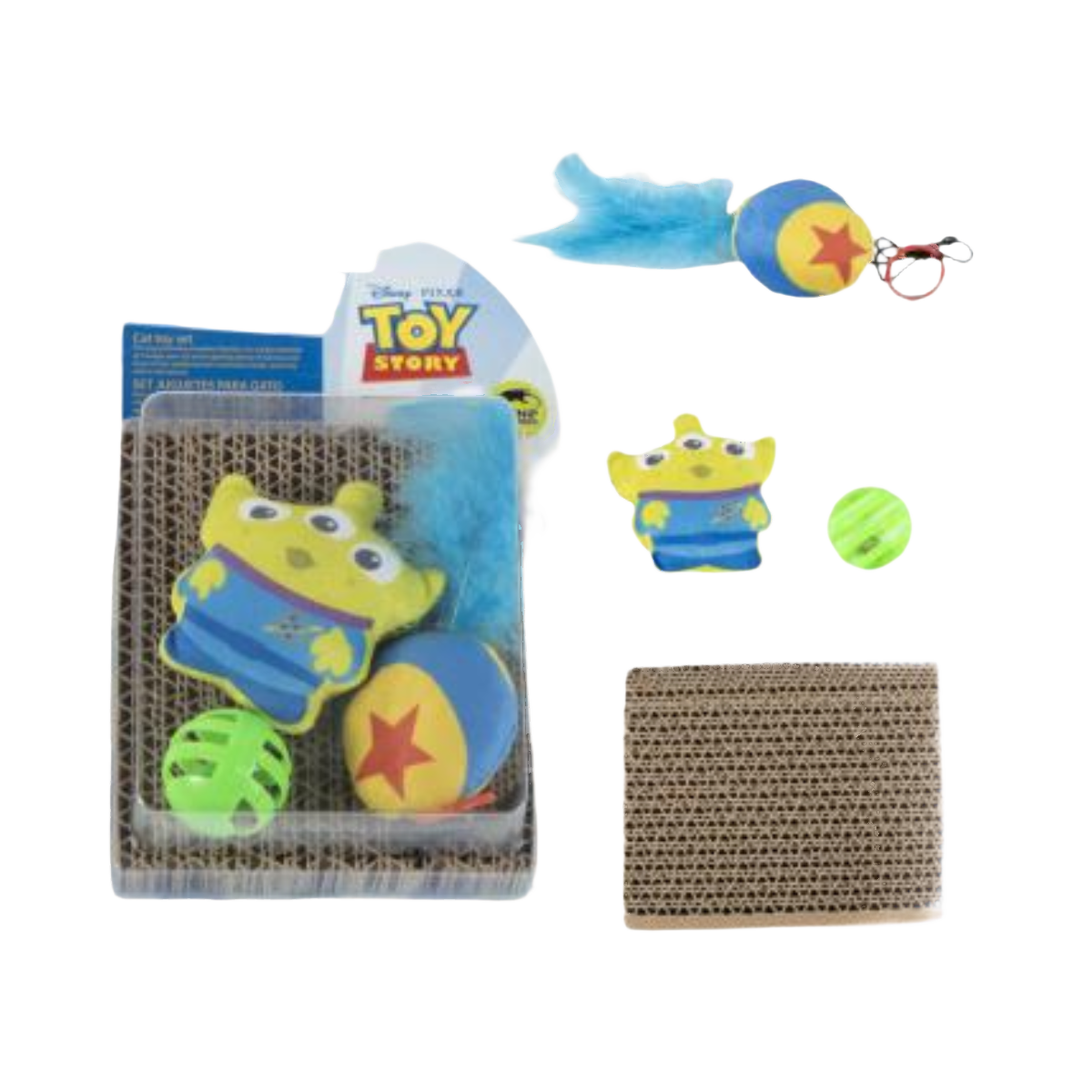 Blister avec griffoir, peluche Alien, jouet à plumes et balle