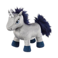 Licorne grise en peluche à crinière bleu marine, vue de profil