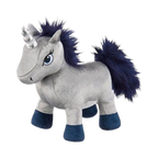 Licorne grise en peluche à crinière bleu marine, vue de profil