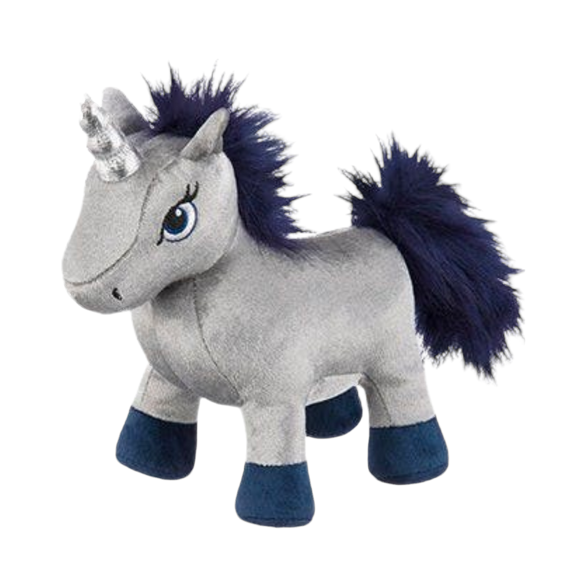 Licorne grise en peluche à crinière bleu marine, vue de profil