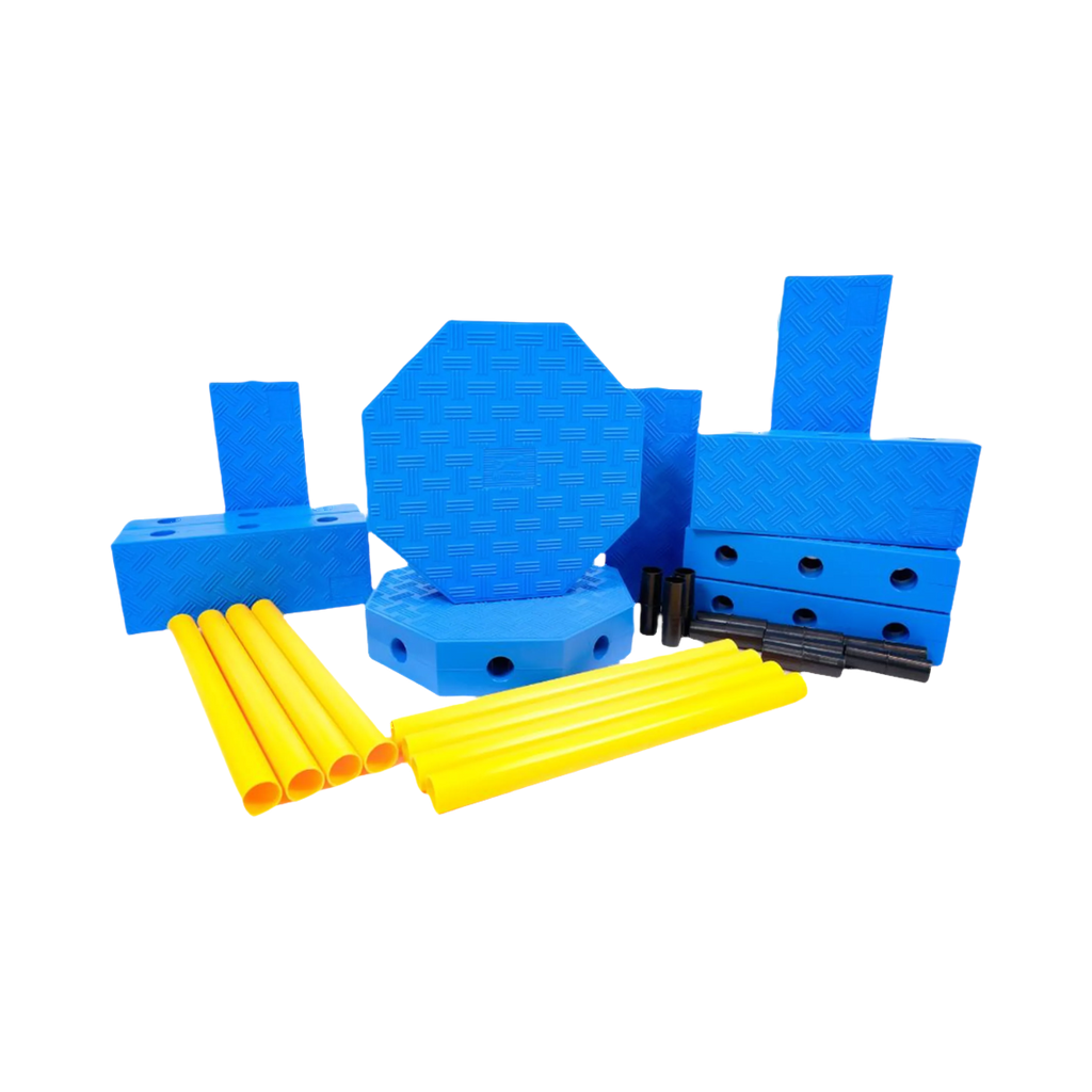 Blocs bleus, octogones et tubes jaunes du kit