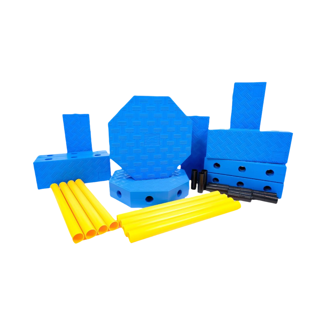 Blocs bleus, octogones et tubes jaunes du kit