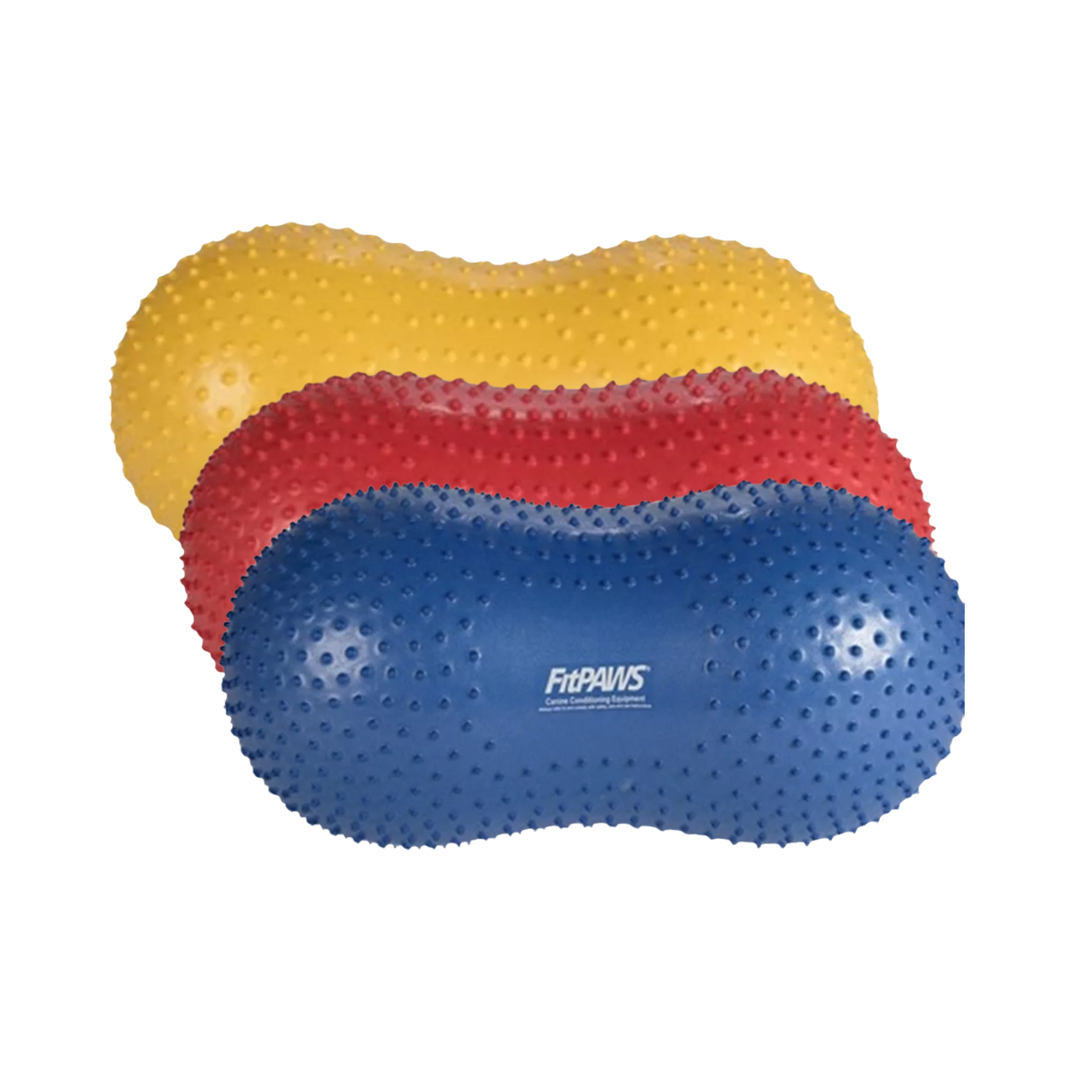 Trois ballons cacahuète jaune, rouge et bleu empilés