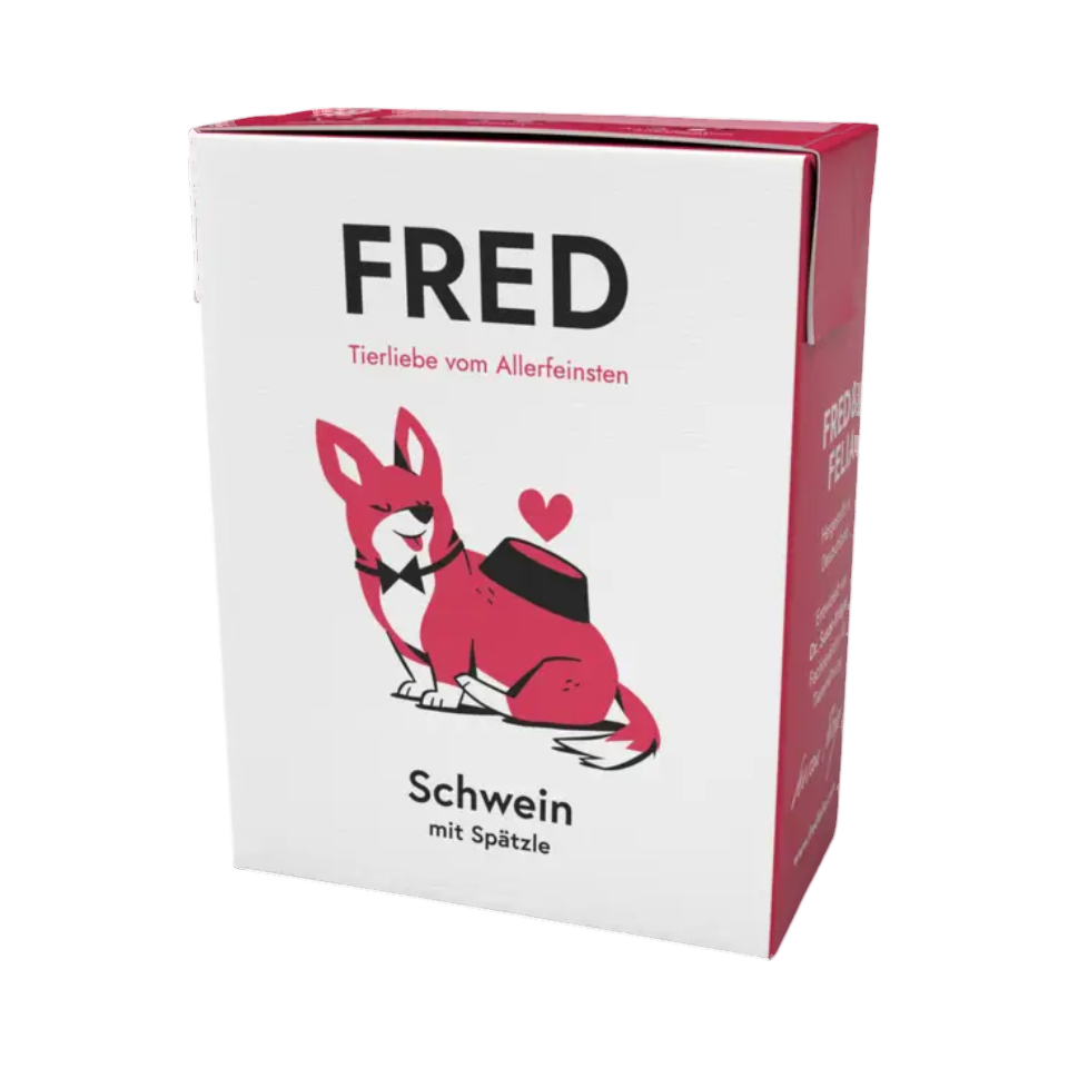 Brique blanche et framboise FRED Schwein illustrée d'un chien
