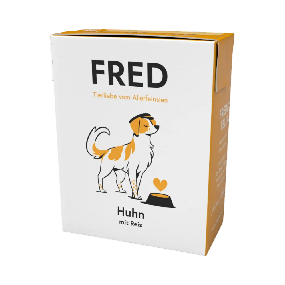 Brique blanche et jaune FRED Huhn illustrée d'un chien