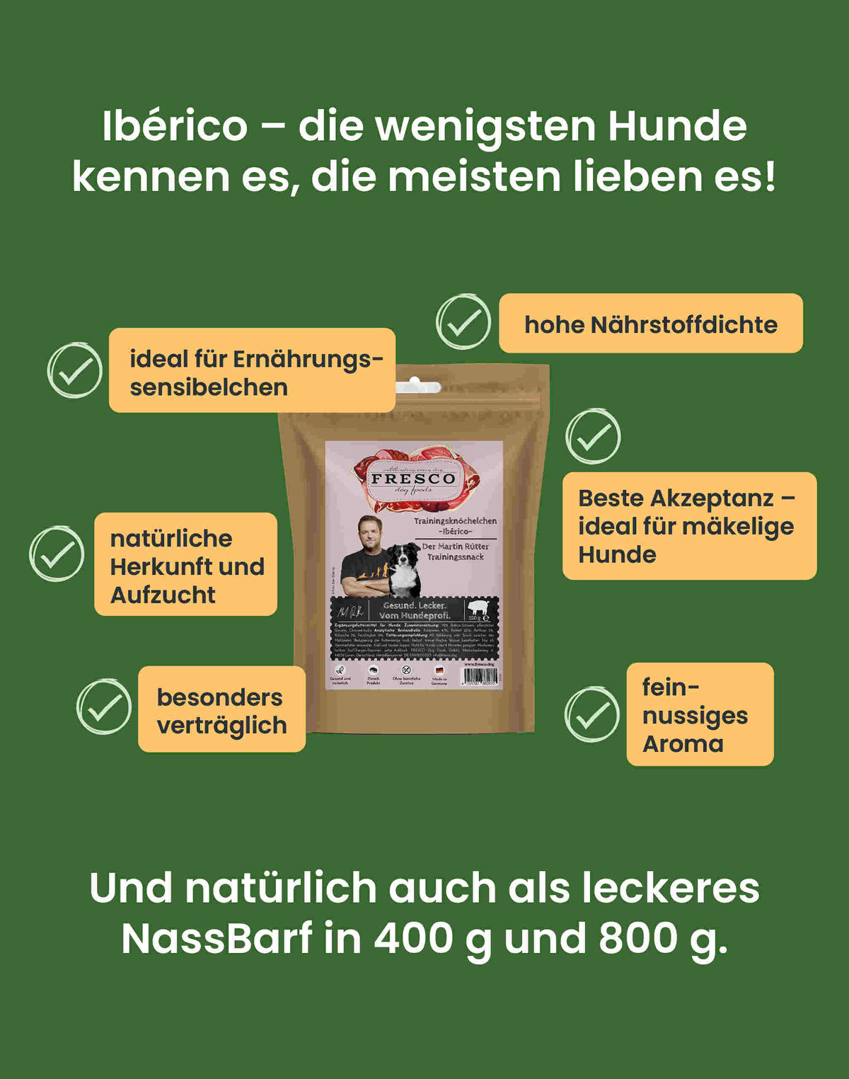 Infographie des bienfaits des friandises training Fresco au porc ibérique