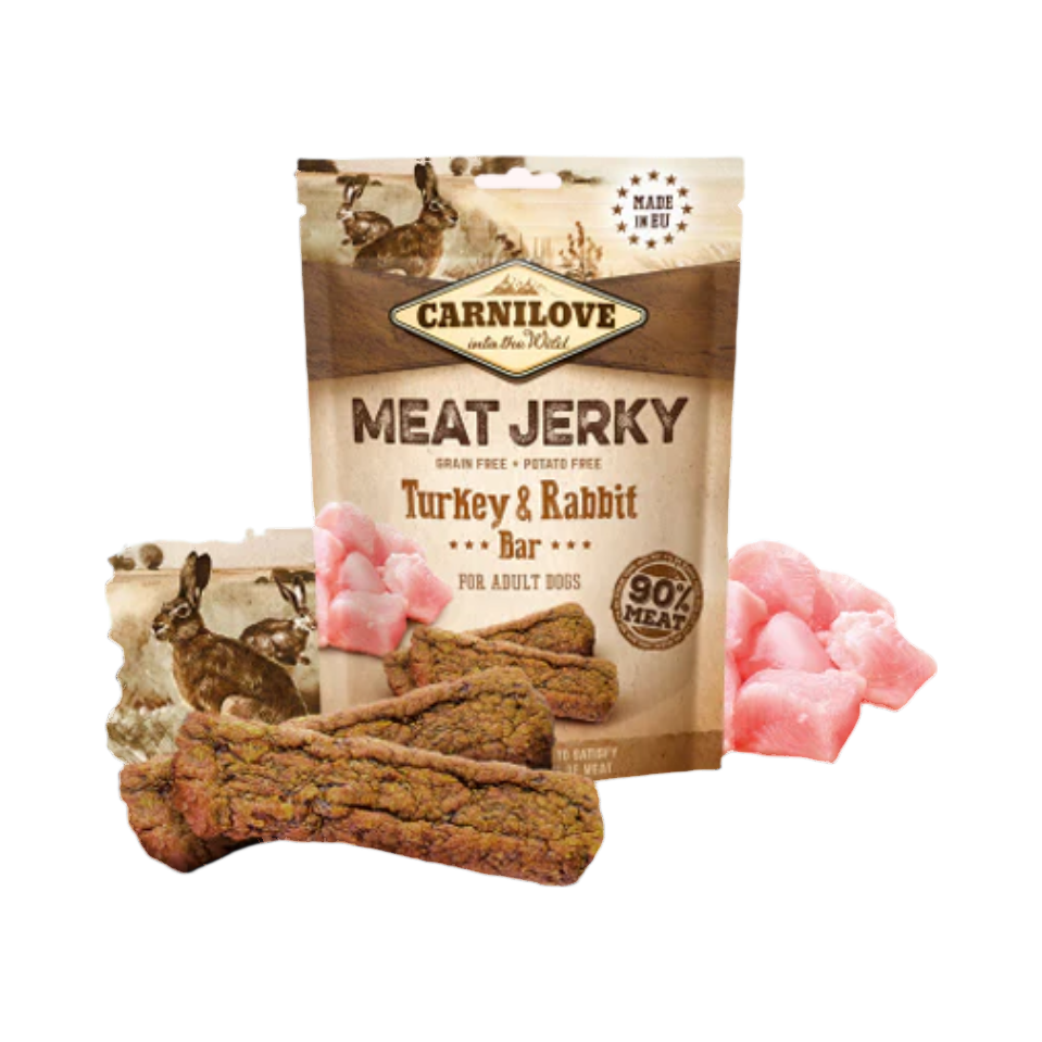 Sachet Carnilove Meat Jerky Turkey & Rabbit avec bâtonnets