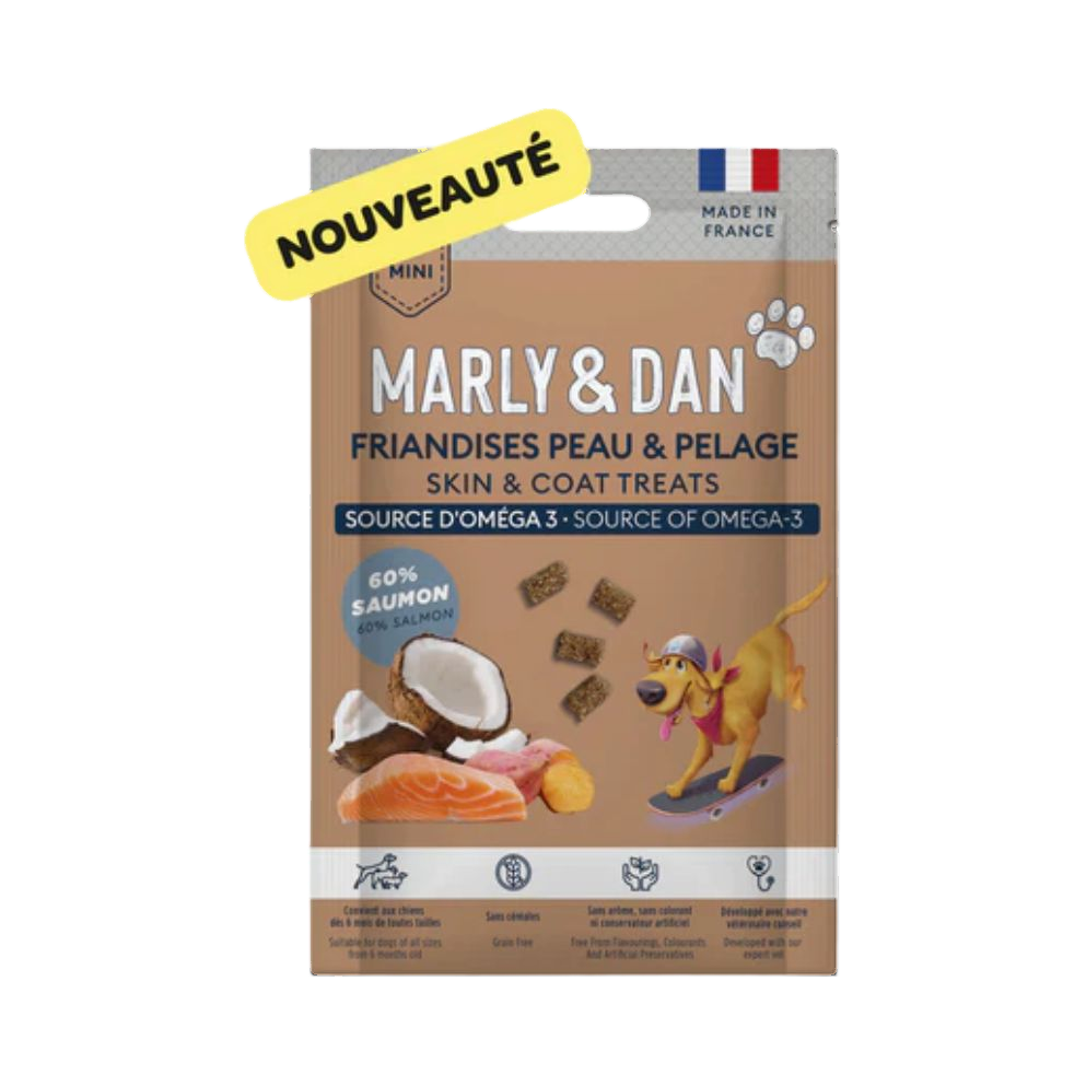 Sachet Marly & Dan Friandises peau et pelage avec badge nouveauté