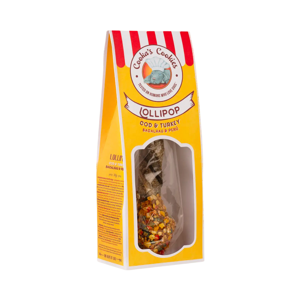 Sachet jaune à rayures rouges avec fenêtre, sucettes visibles