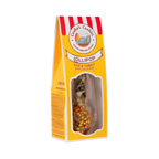 Sachet jaune à rayures rouges avec fenêtre, sucettes visibles