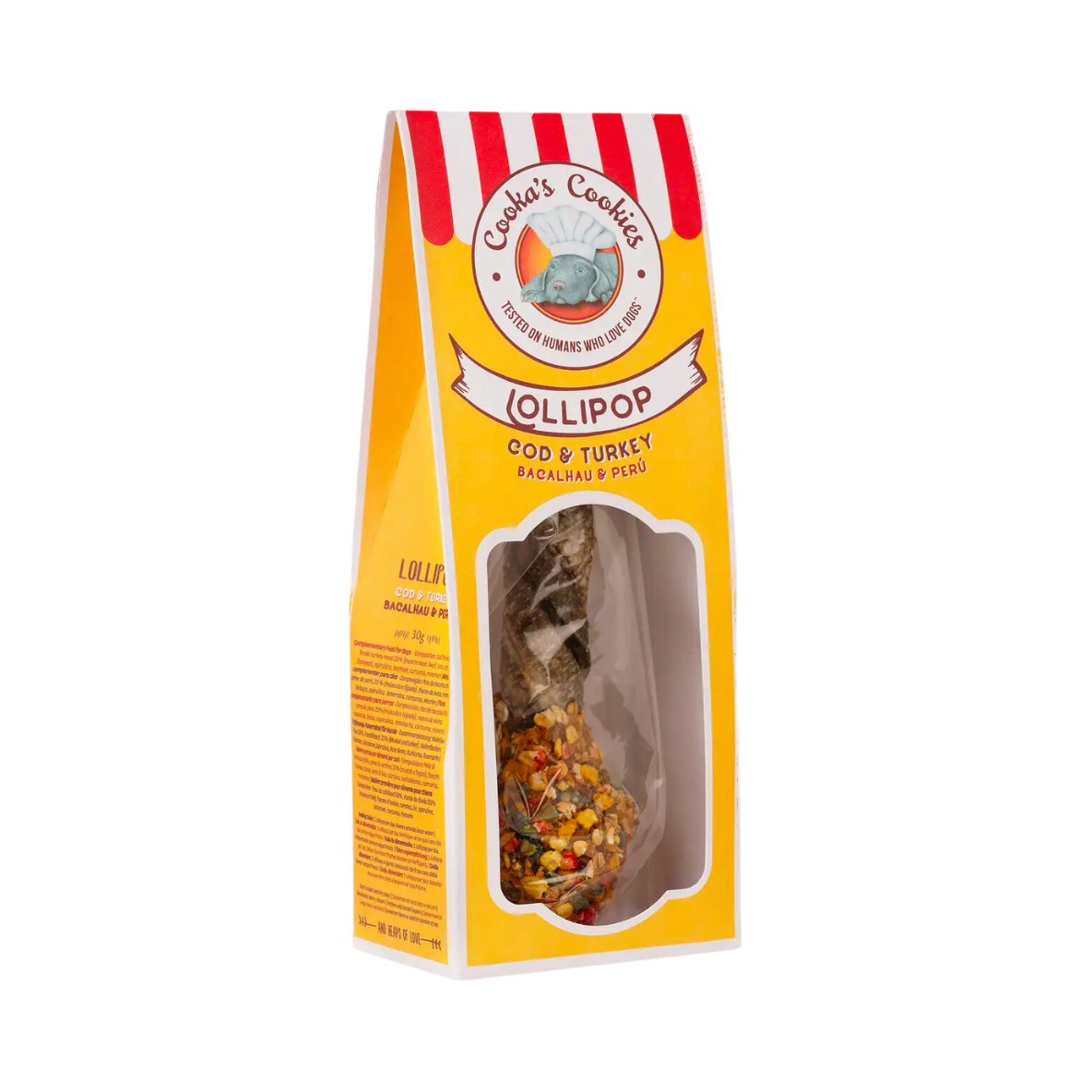 Sachet jaune à rayures rouges avec fenêtre, sucettes visibles