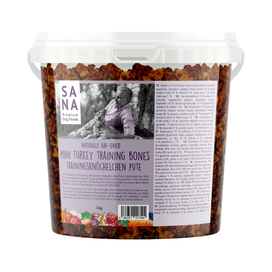 Seau transparent SANA Mini Turkey Training Bones, étiquette mauve