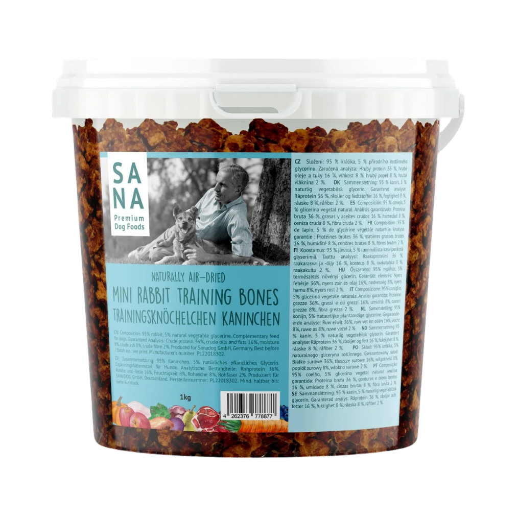 Seau transparent SANA Mini Rabbit Training Bones, étiquette turquoise