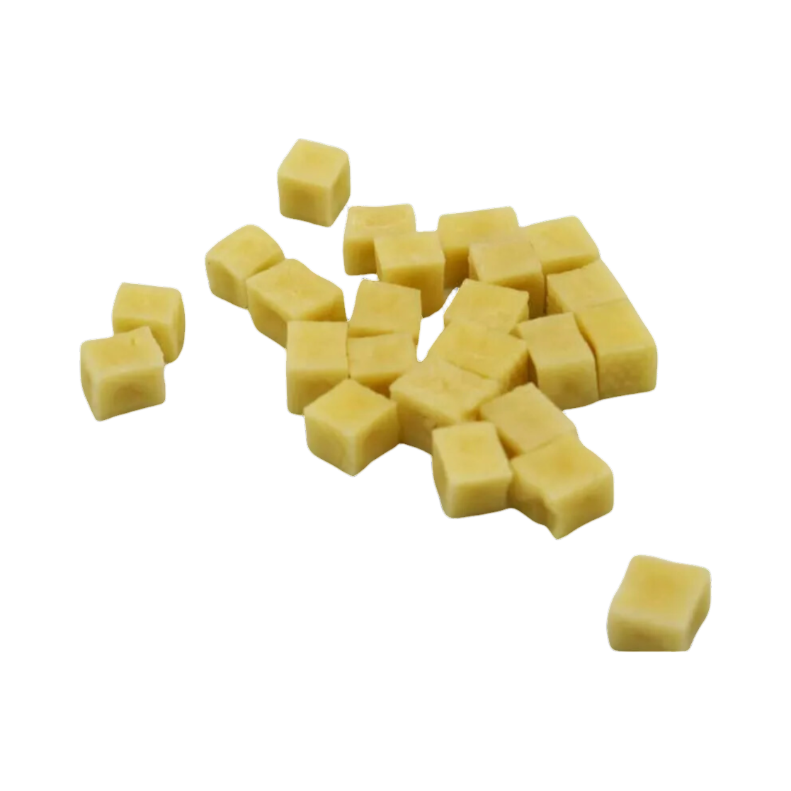 Dés de fromage de yak crus, jaune pâle, éparpillés