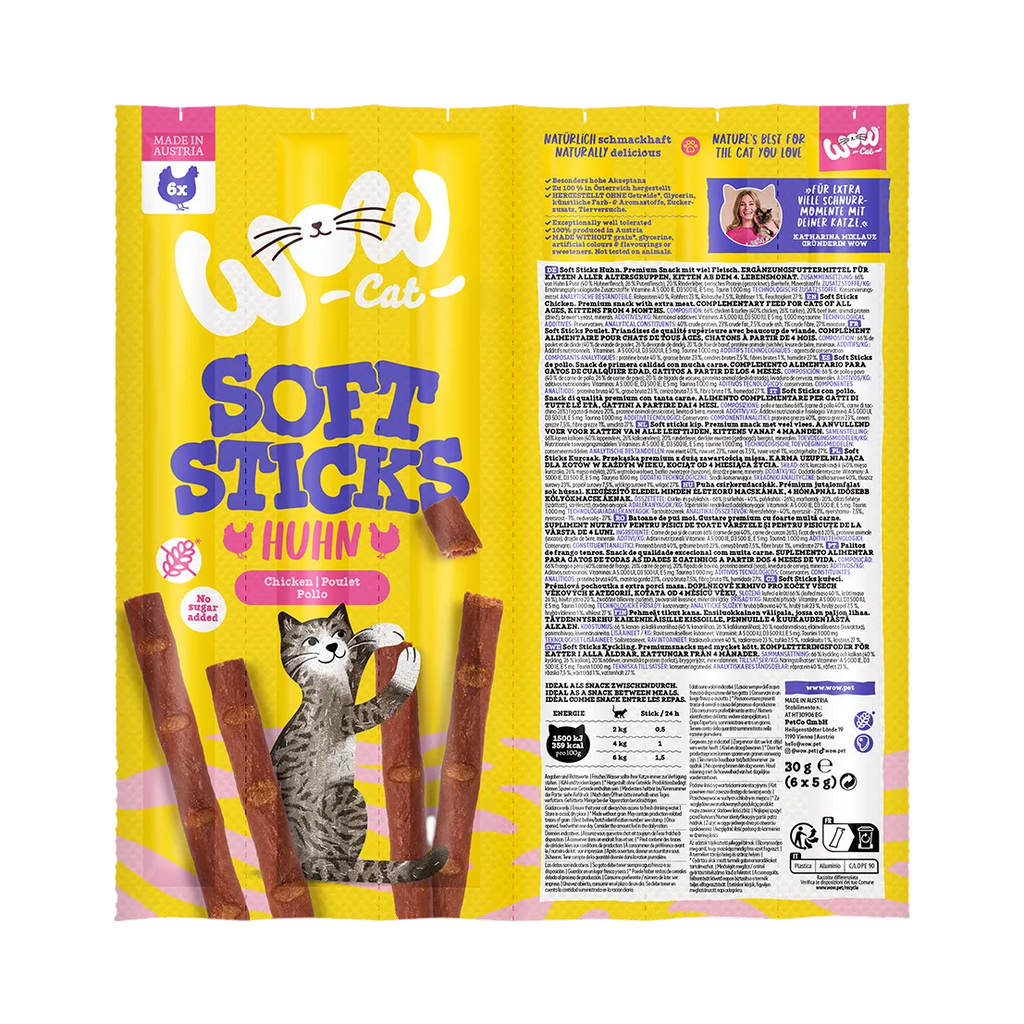 Recto et verso du sachet WOW Soft Sticks poulet