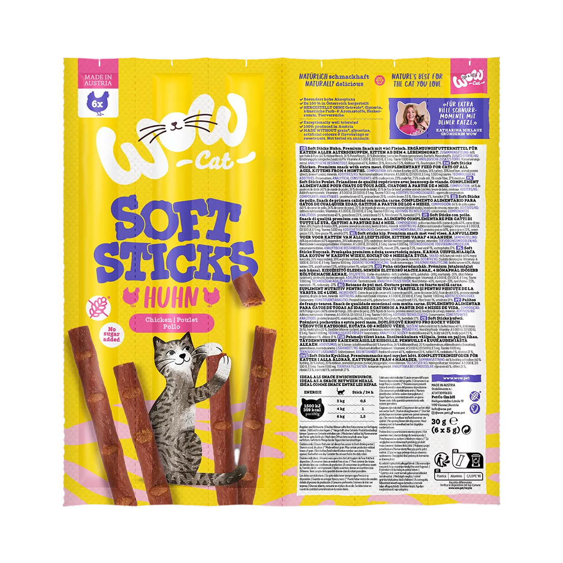 Recto et verso du sachet WOW Soft Sticks poulet