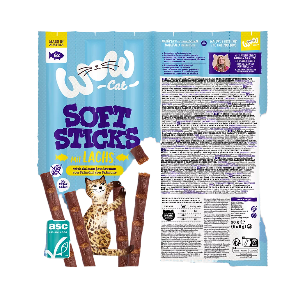 Recto et verso du sachet WOW Soft Sticks saumon