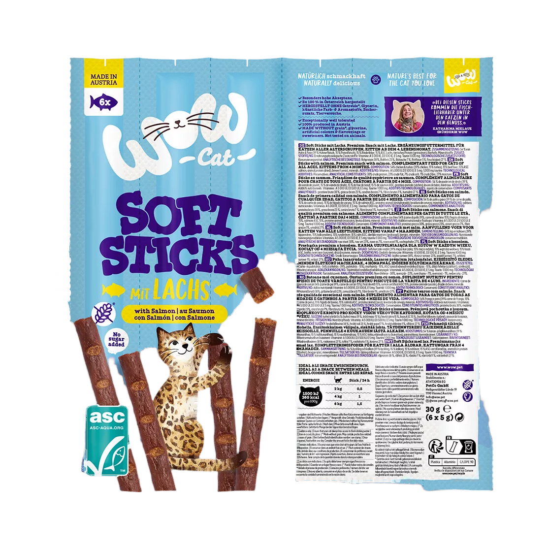 Recto et verso du sachet WOW Soft Sticks saumon