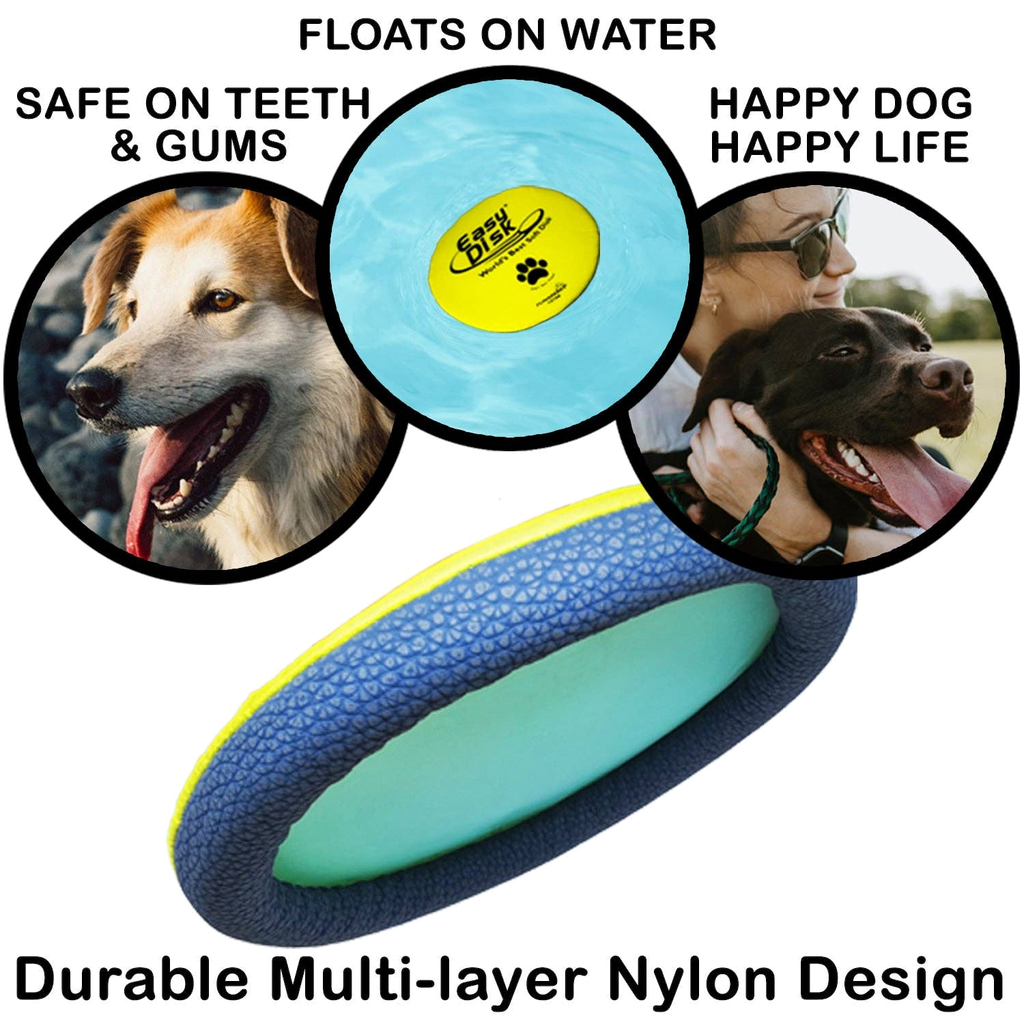 Frisbee Easy Disk de profil : anneau en tissu bleu, couches de nylon et mousse