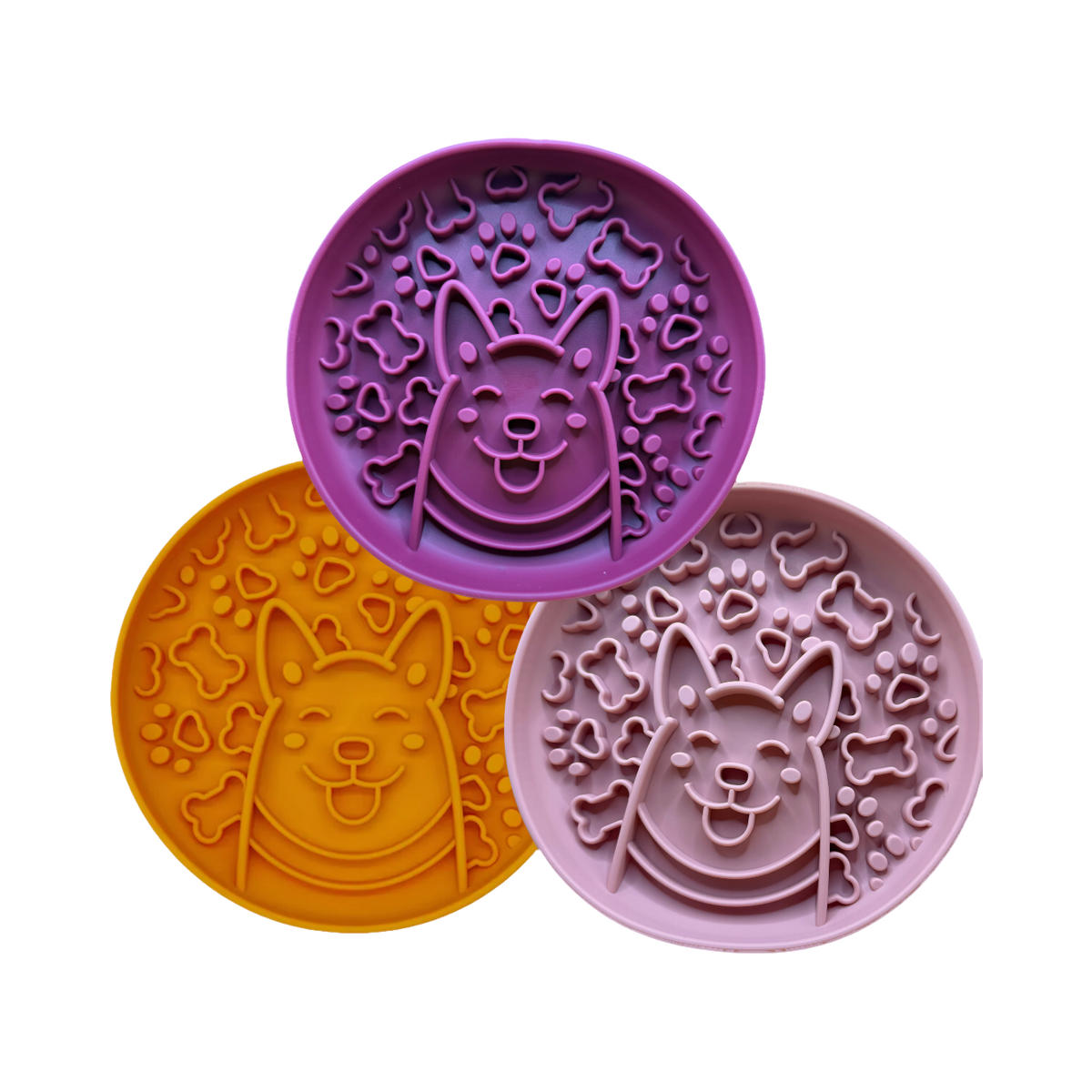 Trois gamelles corgi violette, orange et rose empilées