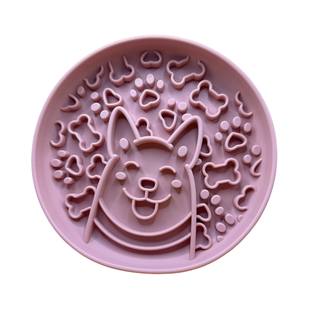 Gamelle corgi rose vue de dessus, cœurs et os en relief