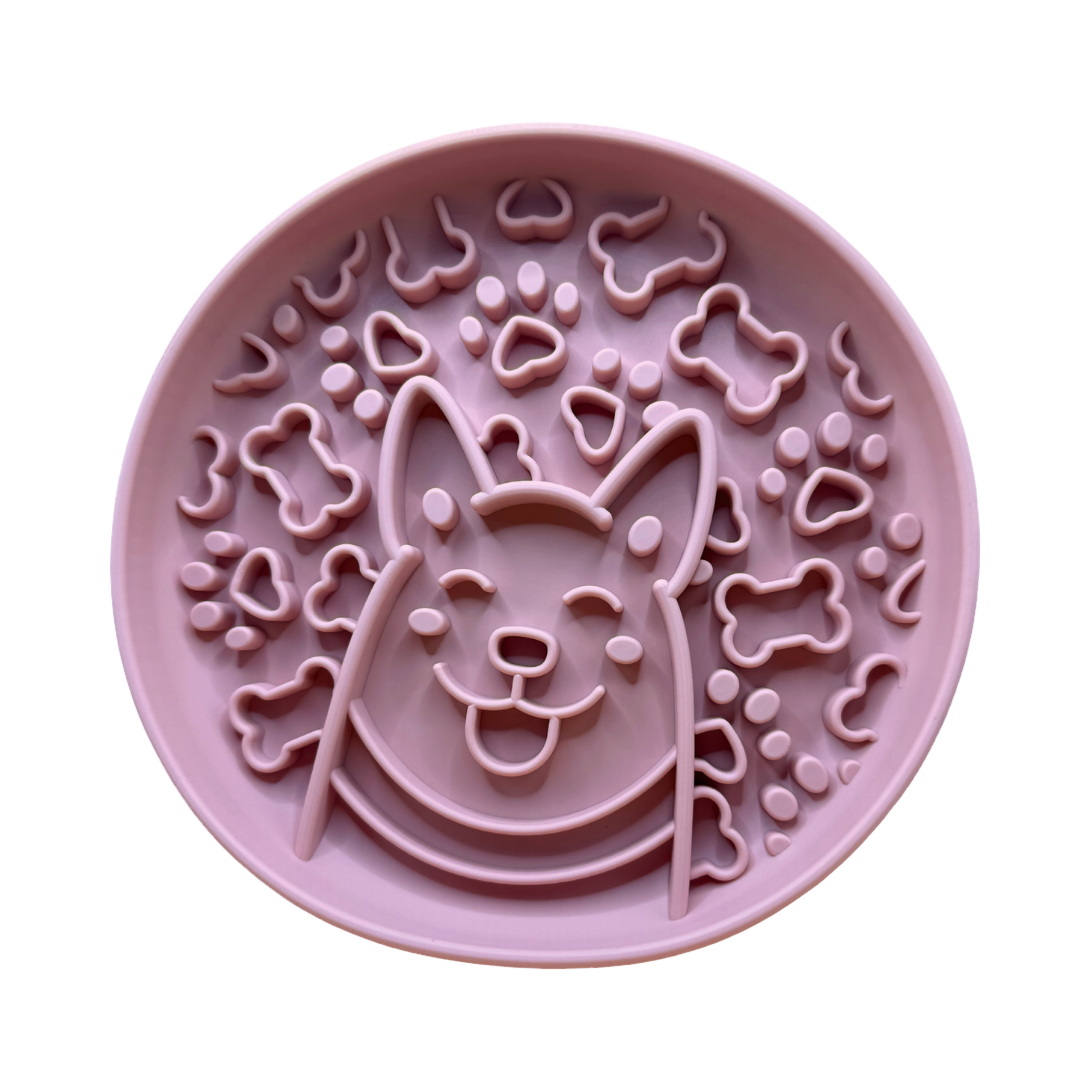 Gamelle corgi rose vue de dessus, cœurs et os en relief