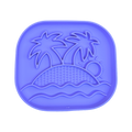 Assiette lilas en relief île, palmiers, soleil et vagues