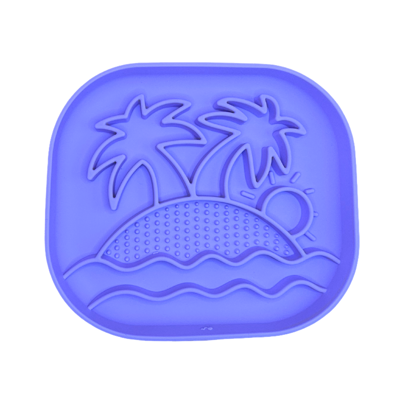 Assiette lilas en relief île, palmiers, soleil et vagues