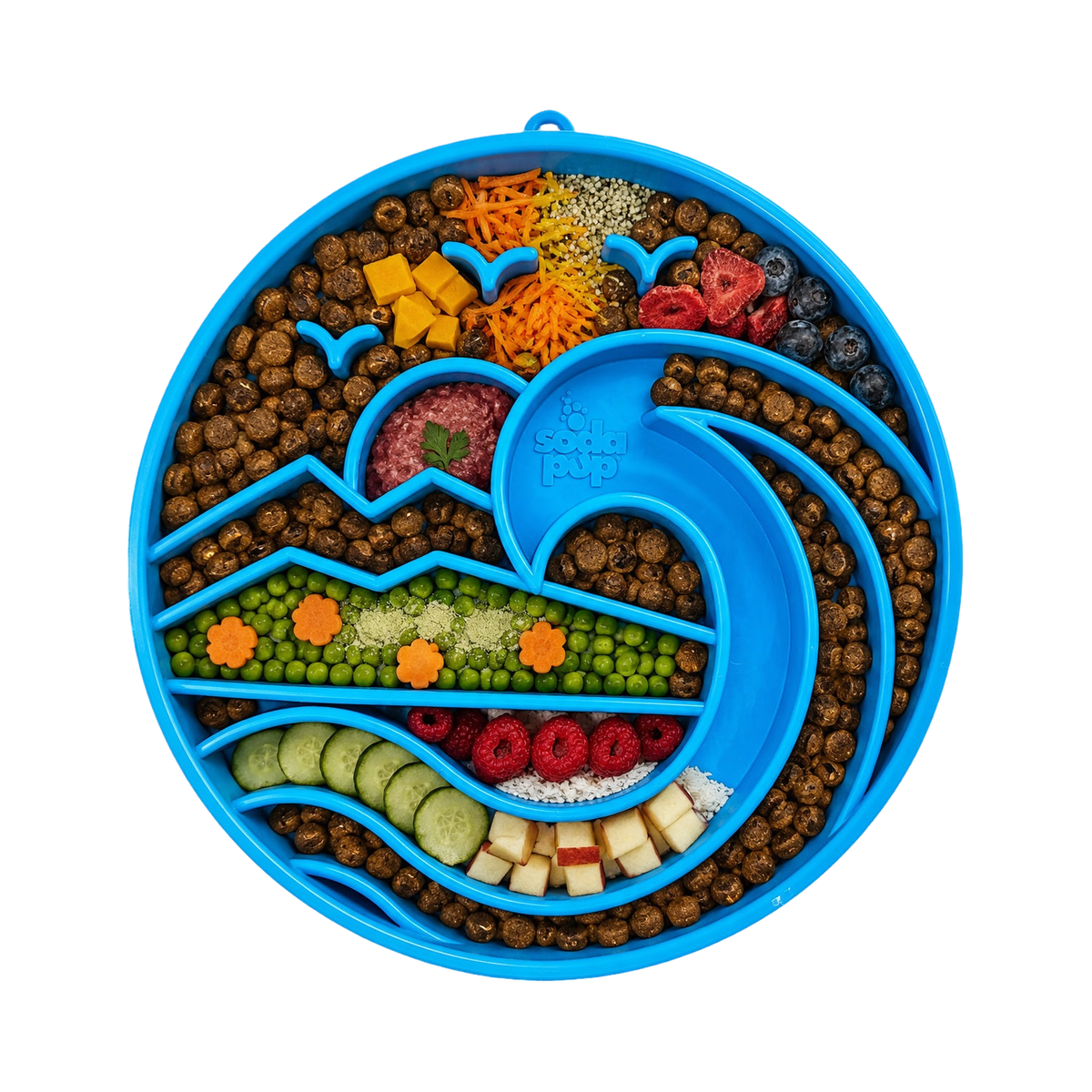 Plateau bleu garni de légumes, croquettes et fruits