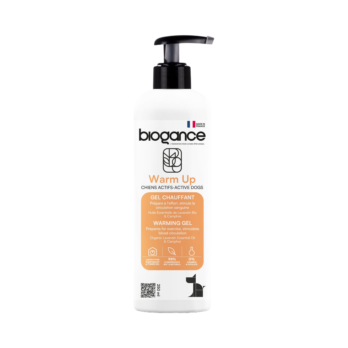 Gel chauffant Warm Up Biogance – flacon pompe blanc 250 ml à étiquette orange