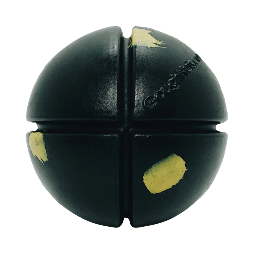 Sphère noire en caoutchouc rainurée avec pastilles jaunes