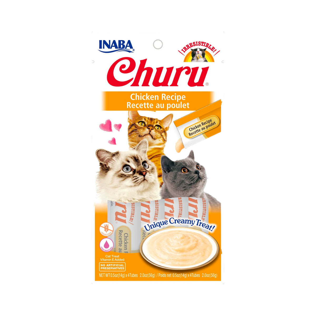 Étui Inaba Churu Chicken Recipe avec deux chats et une coupelle de crème