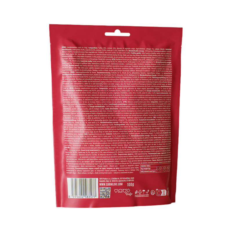 Dos du sachet Carnilove Jerky avec composition et analyse