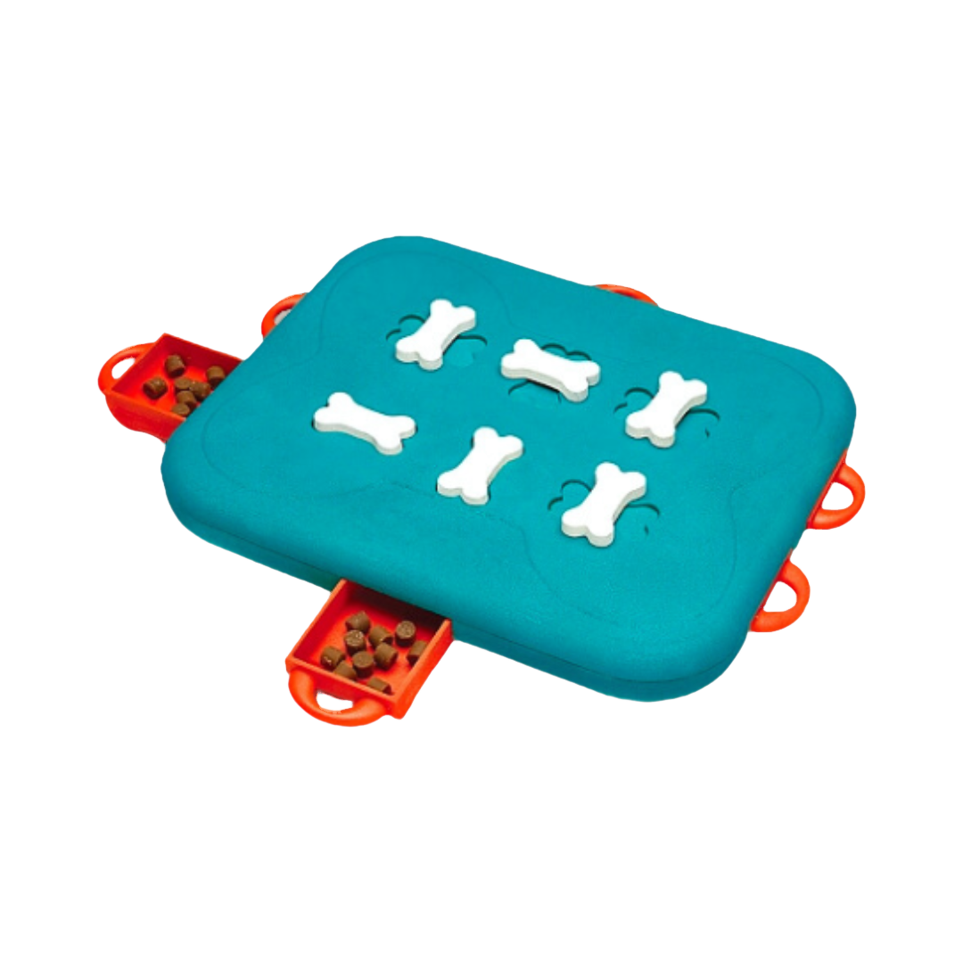 Plateau turquoise à os blancs et tiroirs orange