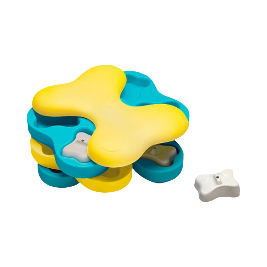 Puzzle rotatif à étages bleu et jaune avec os blanc amovible