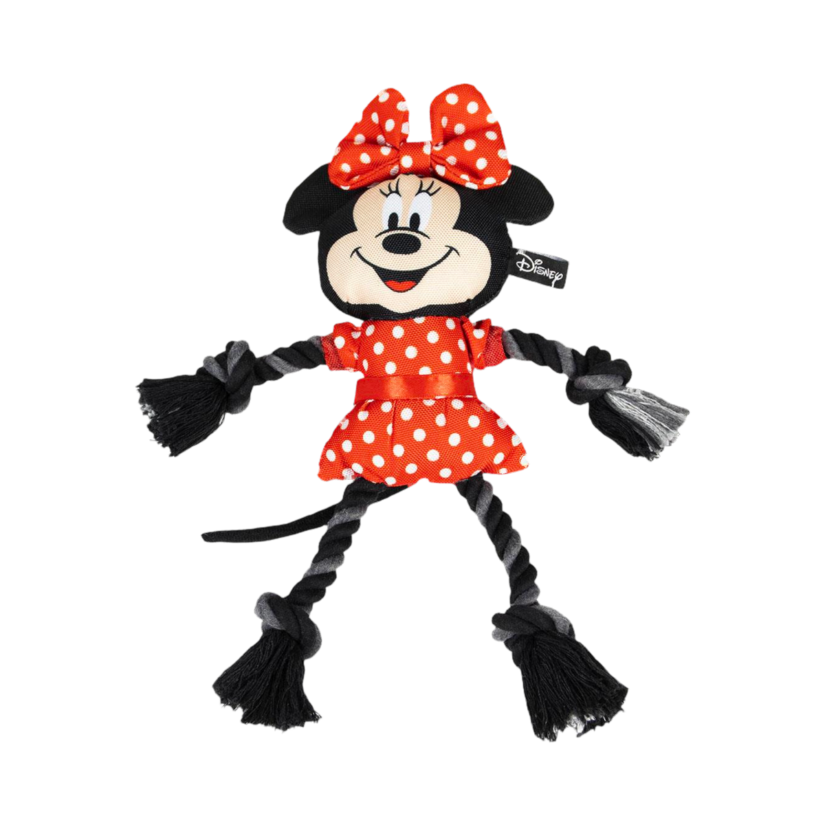 Minnie à robe rouge à pois et nœud, membres en corde noire