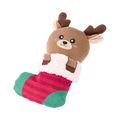 Renne en peluche marron glissé dans une chaussette rayée rouge et verte