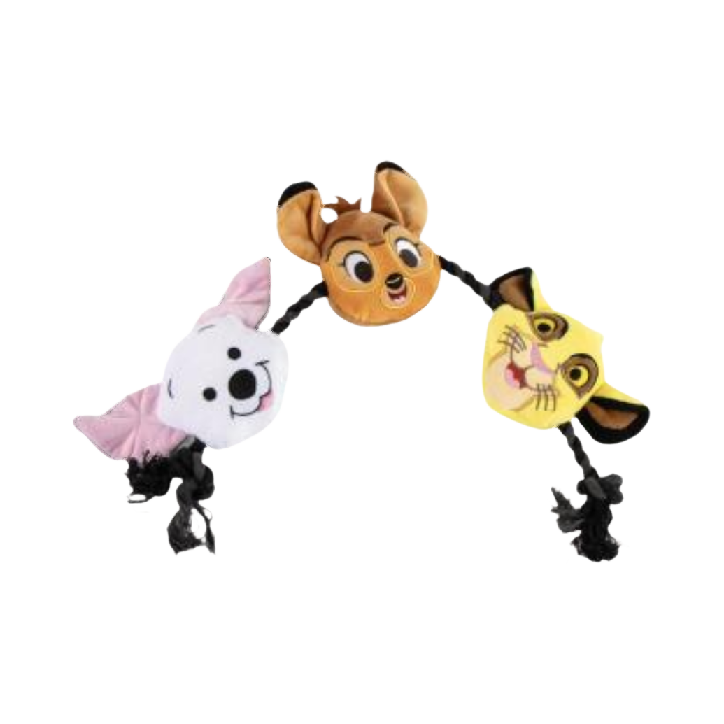 Trois têtes de personnages reliées par des cordes noires tressées