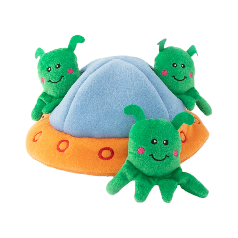 Trois petits aliens verts à antennes, à cacher dans la soucoupe