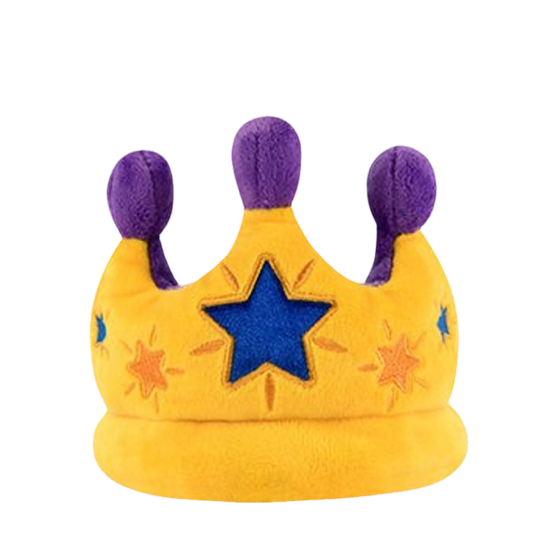Couronne jaune à pompons violets et étoile bleue brodée